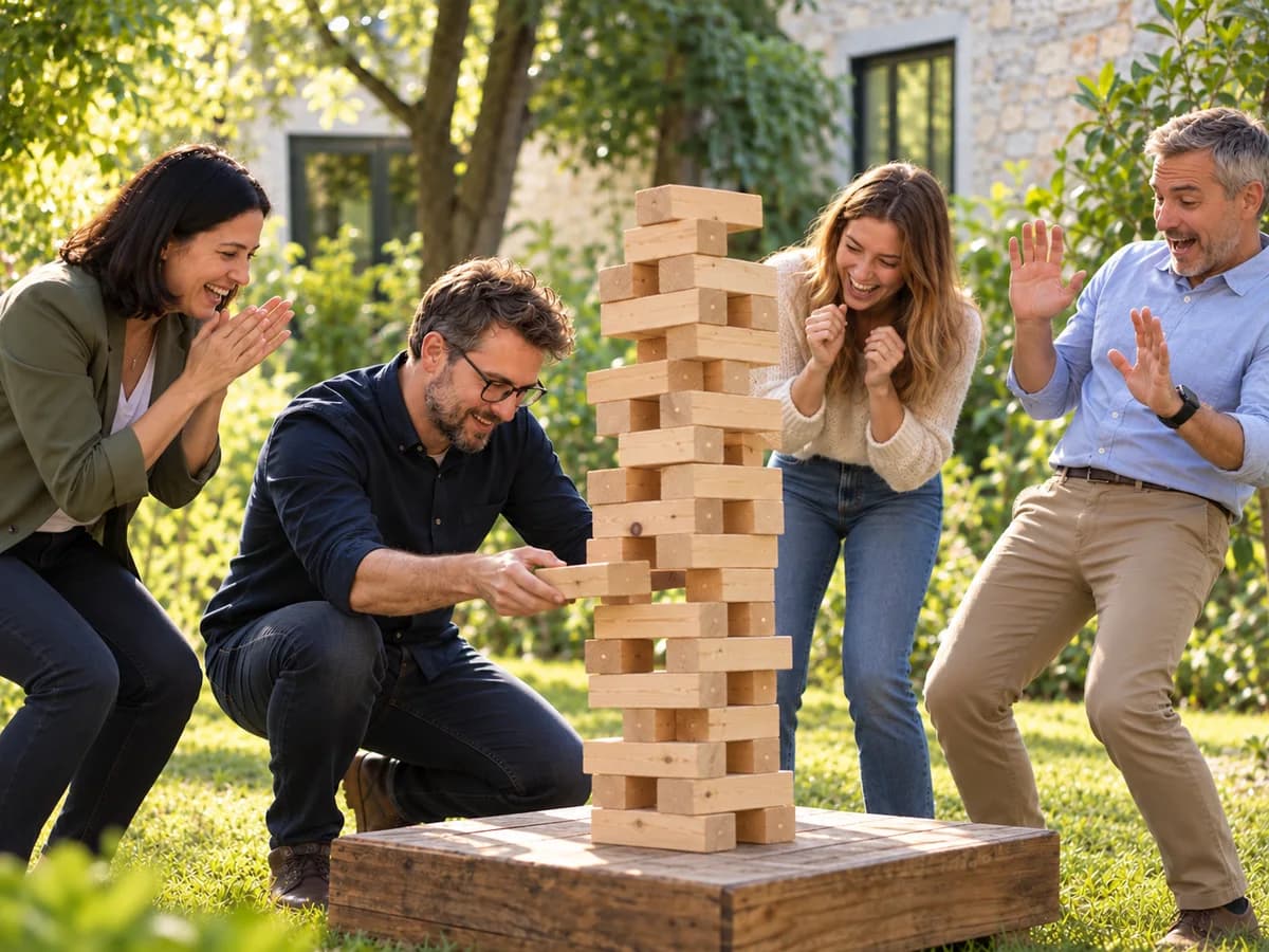 Sodelavci se na teambuildingu smejijo med igro velike Jenge s številnimi vrzelmi v stolpu
