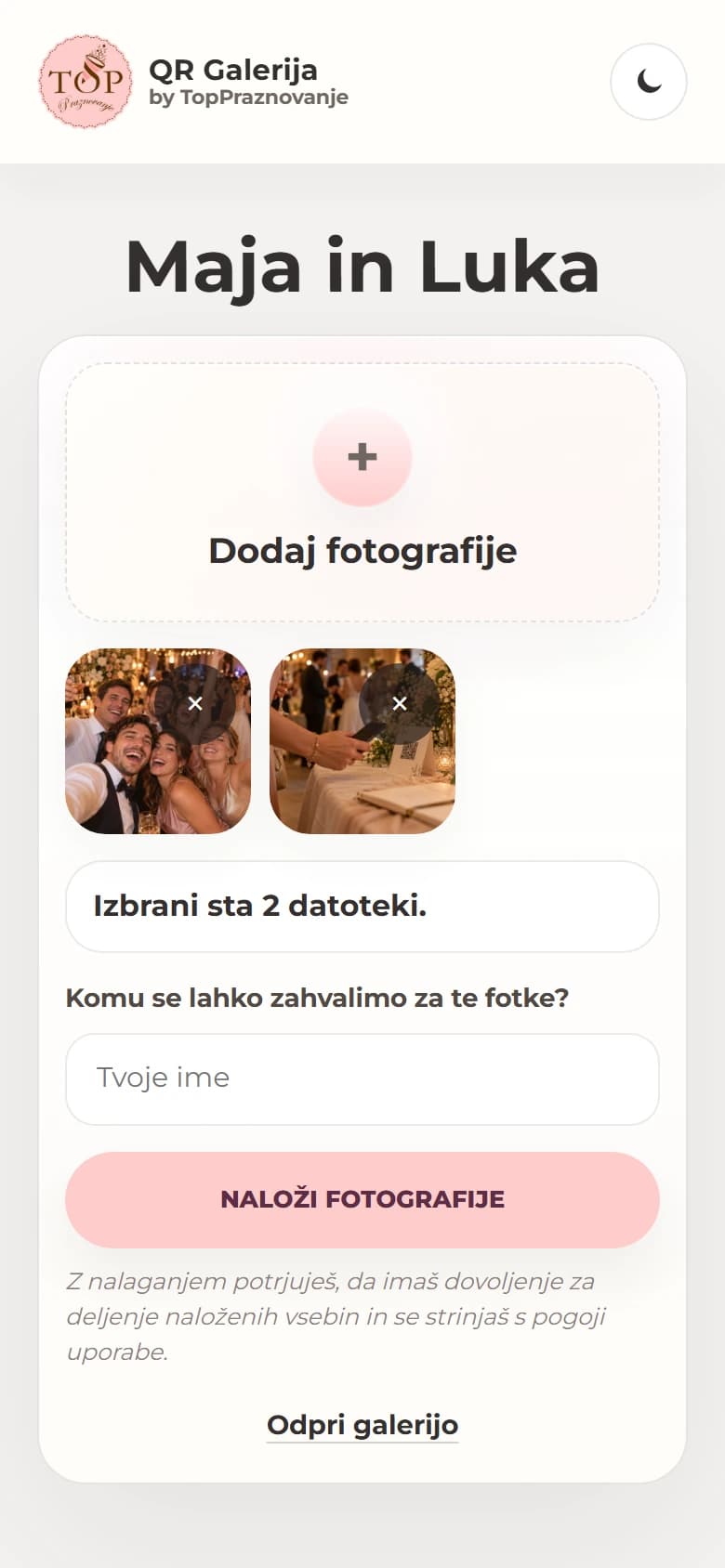Dve izbrani fotografiji v obrazcu QR Galerije in gumb Naloži fotografije.