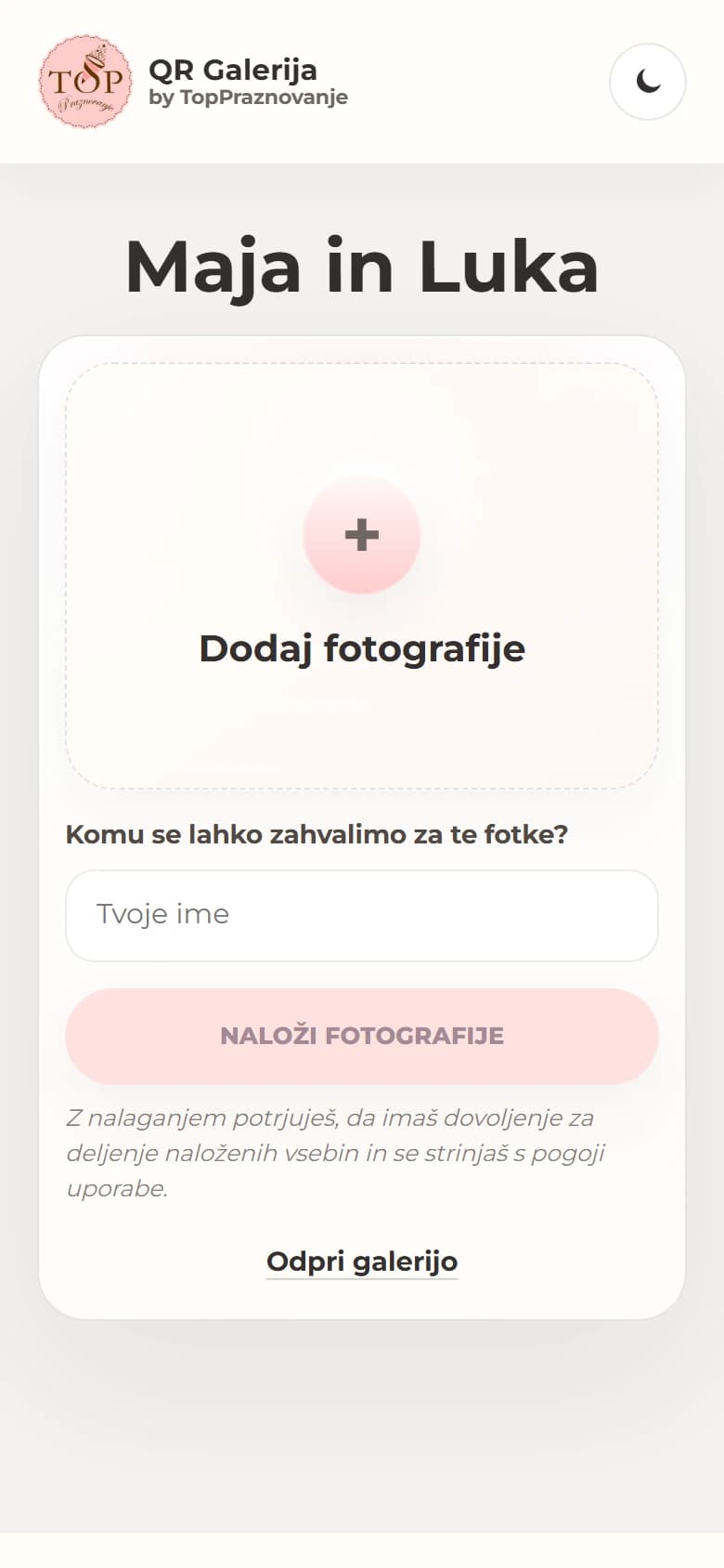 Stran QR Galerije na telefonu z gumbom Dodaj fotografije in imenom dogodka.