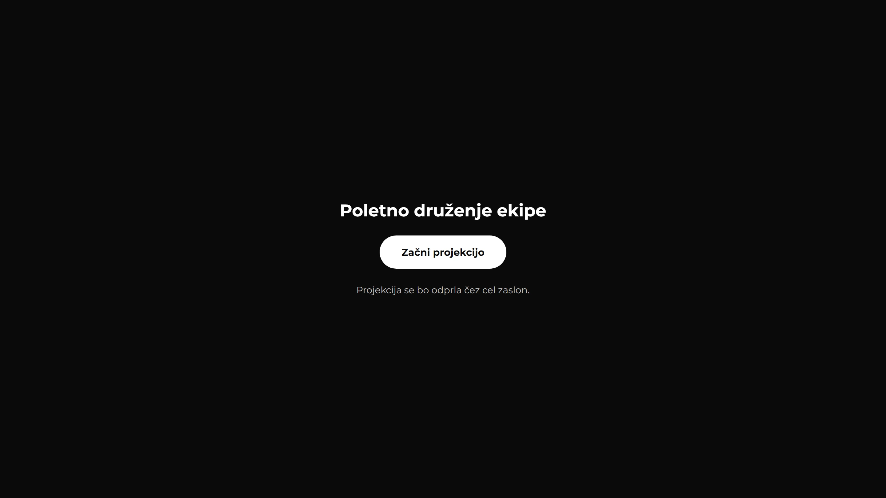 Začetni zaslon live projekcije QR Galerije z imenom dogodka in gumbom Začni projekcijo.