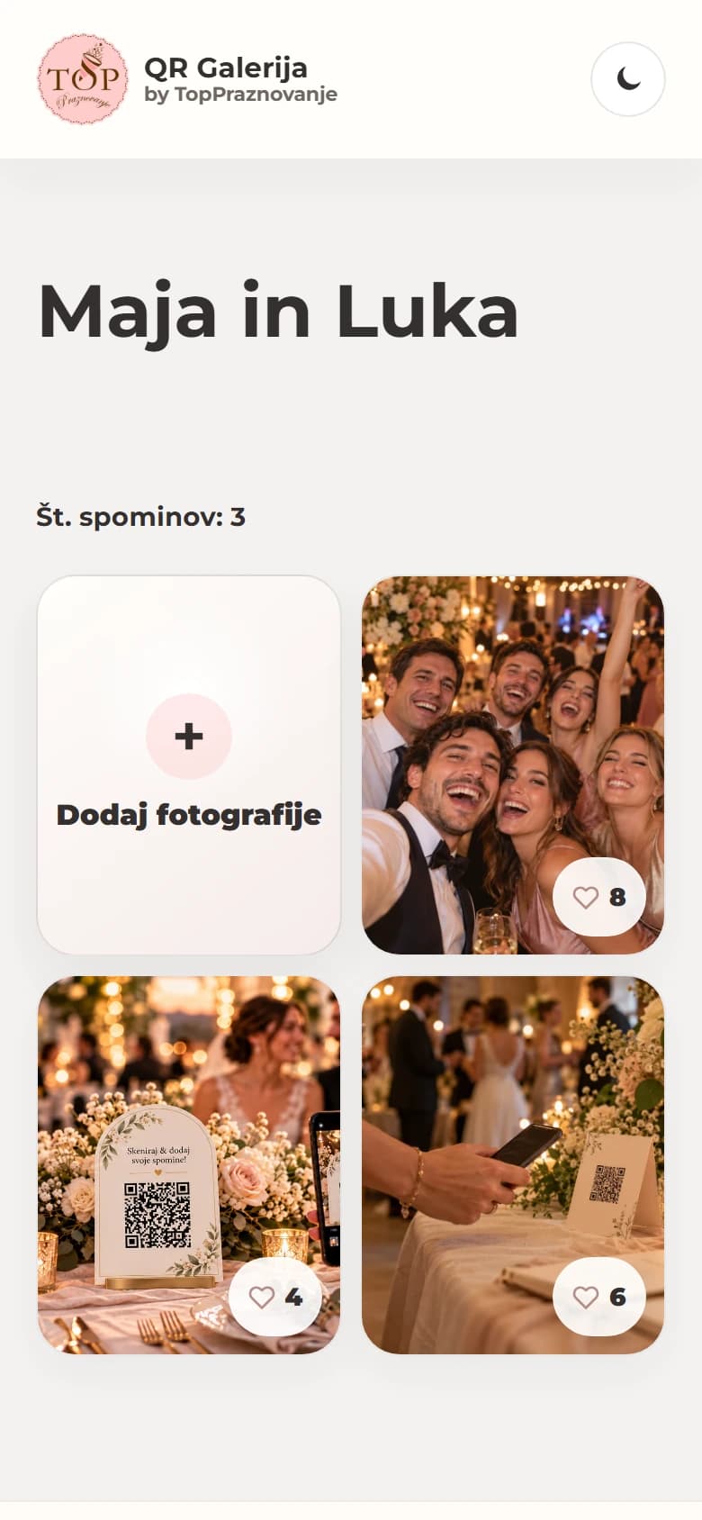 Mreža treh fotografij v QR Galeriji z gumbi za všečke in dodajanje fotografij.