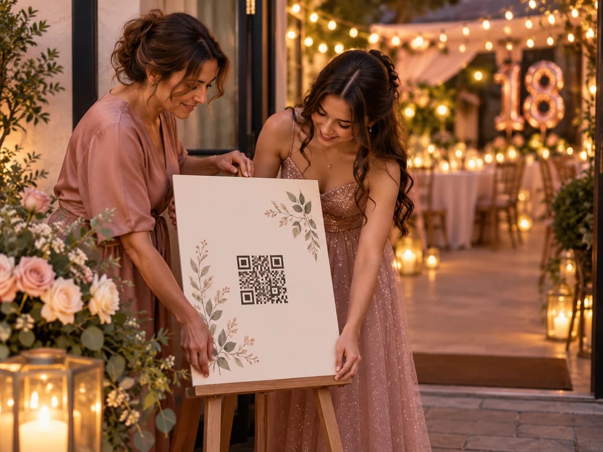Slavljenka in mama pred praznovanjem 18. rojstnega dne postavljata tablo s QR kodo na stojalo