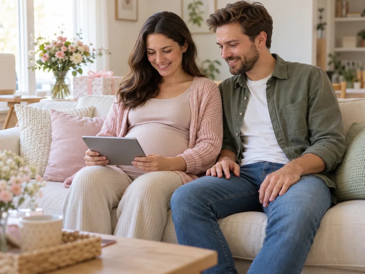Bodoča starša na kavču skupaj gledata tablico po baby showerju