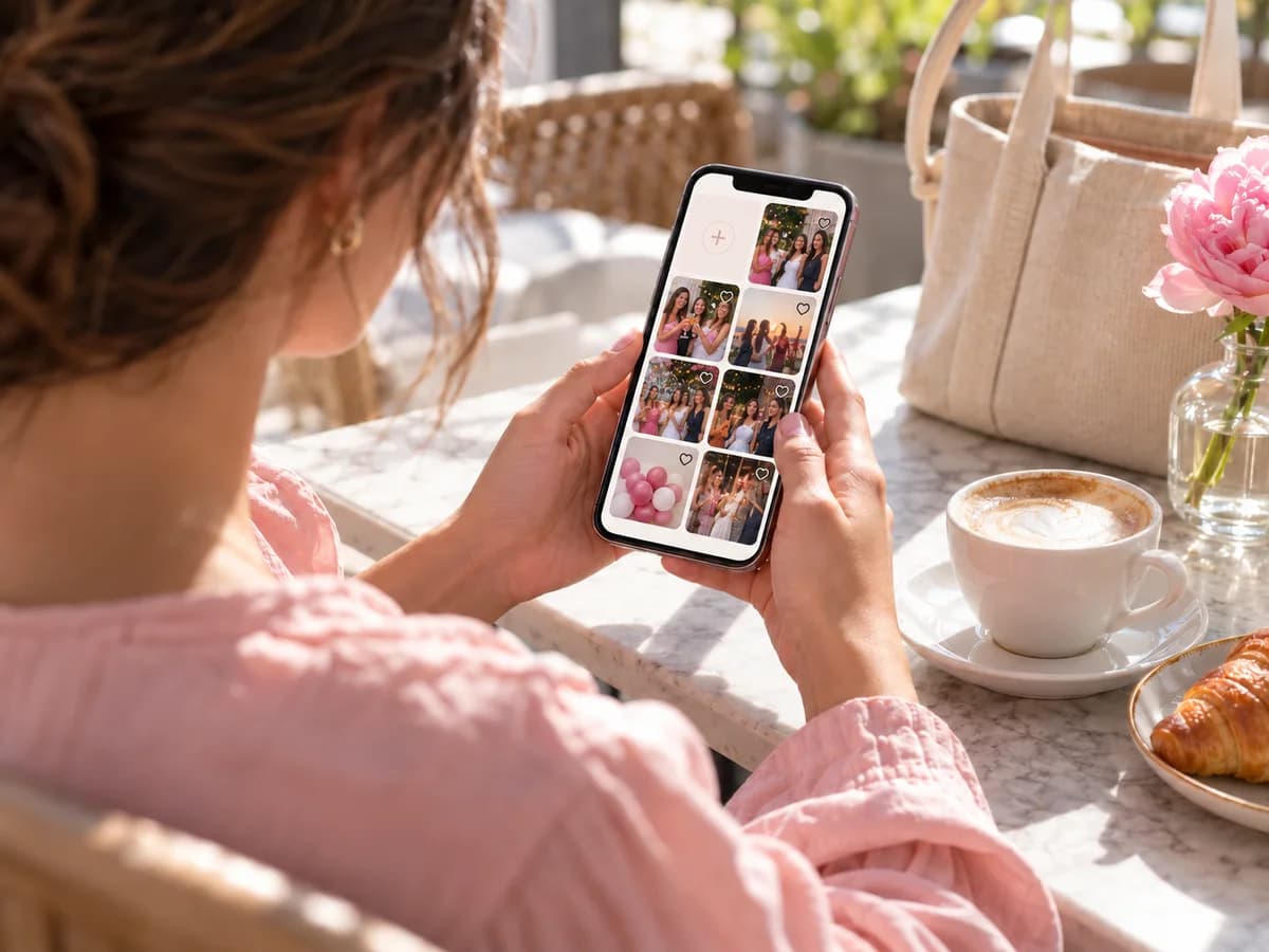 Prijateljica ob kavi na telefonu pregleduje fotografije z dekliščine