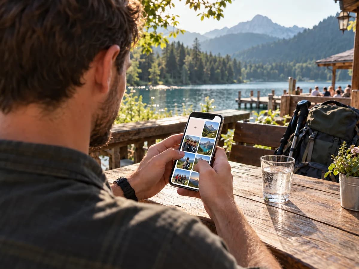 Udeleženec fantovščine med odmorom ob jezeru na telefonu pregleduje fotografije izleta