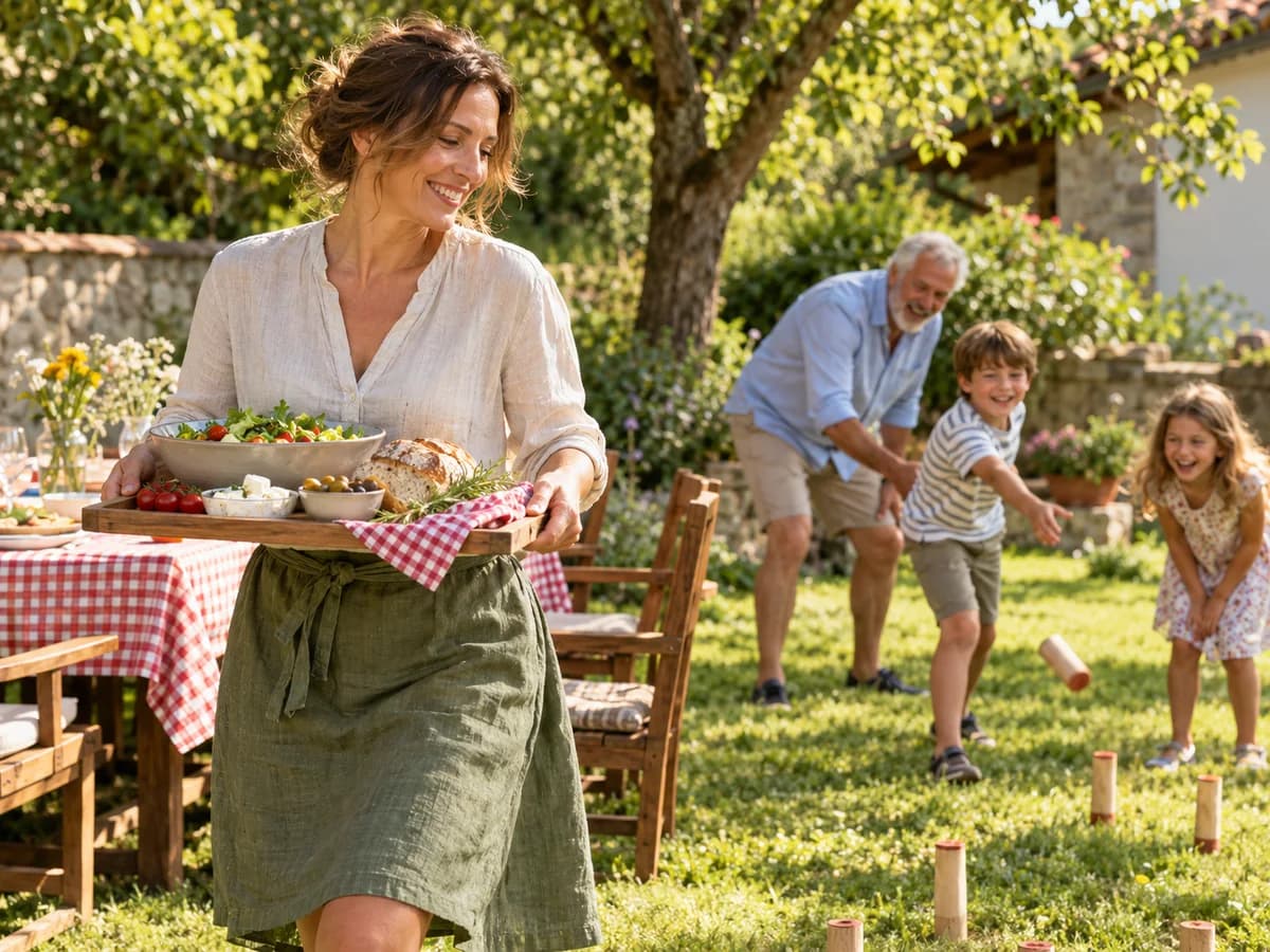 Gostiteljica na piknik prinaša pladenj hrane, v ozadju pa se dedek igra z otrokoma