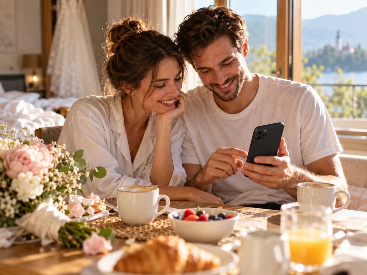 Mladoporočenca ob zajtrku skupaj gledata fotografije na telefonu