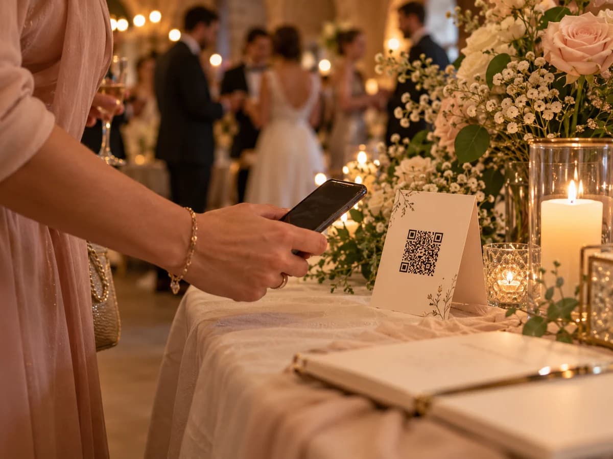 Gostja drži telefon ob kartici s QR kodo na poročni mizi s cvetjem in knjigo gostov