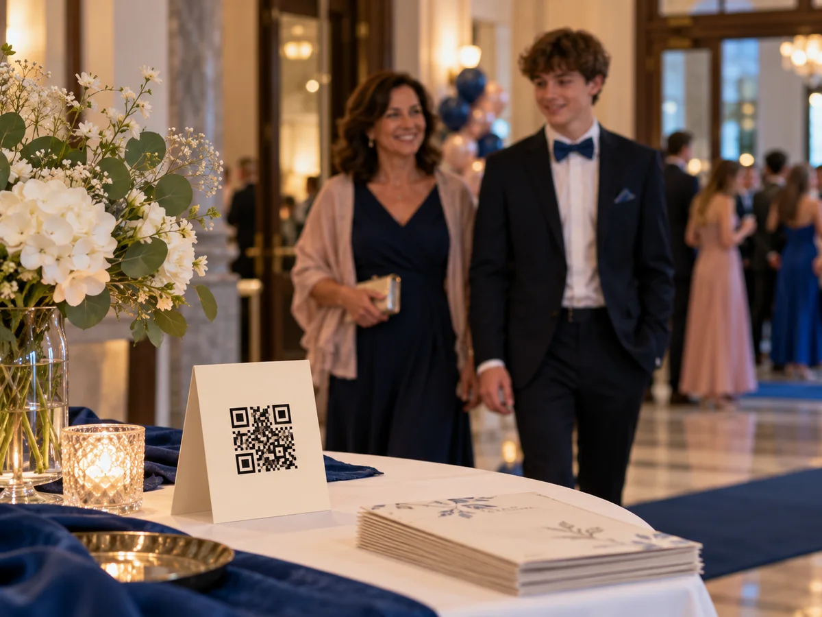 QR kartica na pozdravni mizi ob vhodu na valeto, v ozadju prihajata učenec in mama
