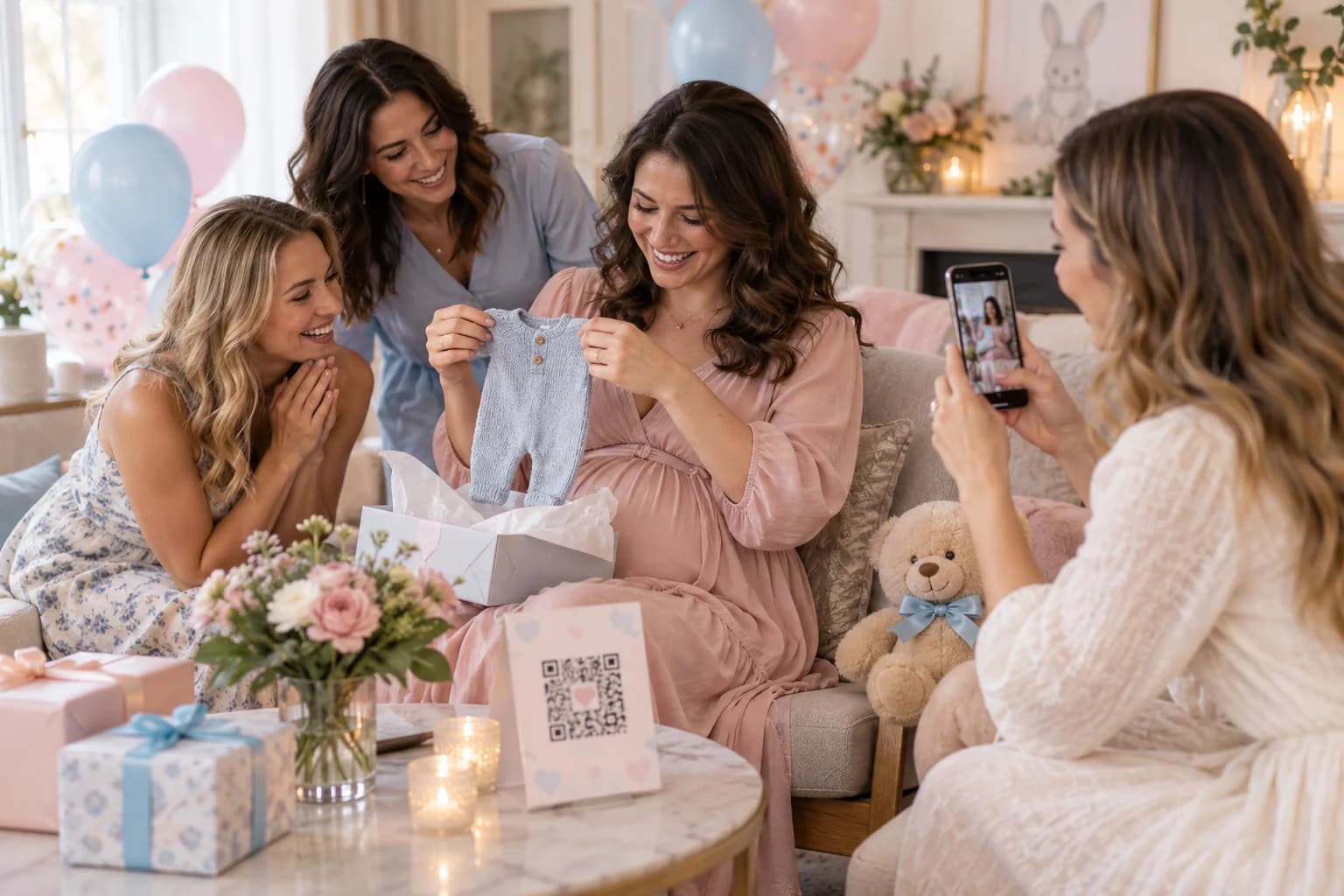 Prijateljice praznujejo baby shower z nosečnico, na mizici pa je kartica za dostop do skupne galerije fotografij.