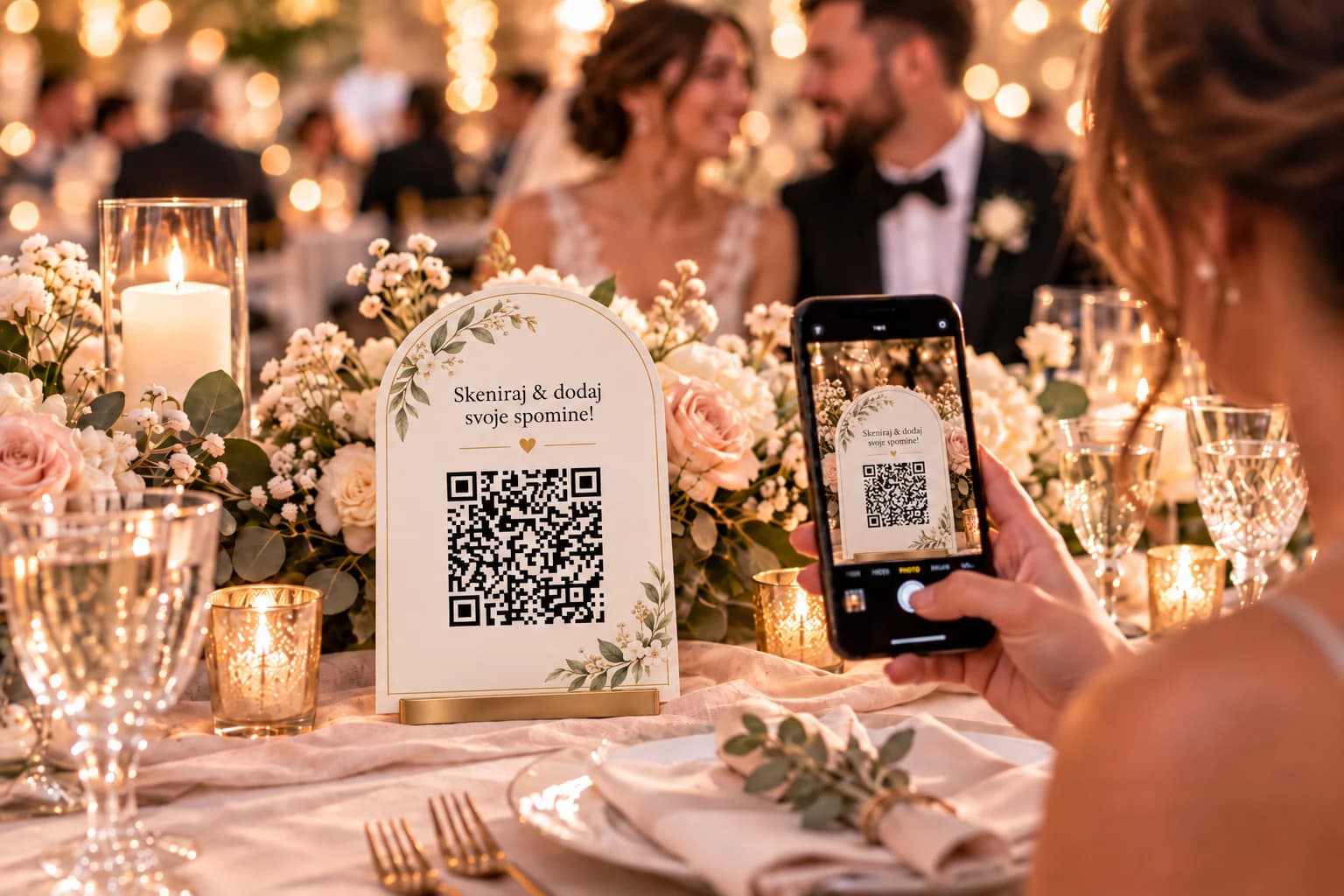 Gostje na poroki s telefonom skenirajo kartico z QR kodo na poročni mizi za dodajanje fotografij v skupno galerijo.