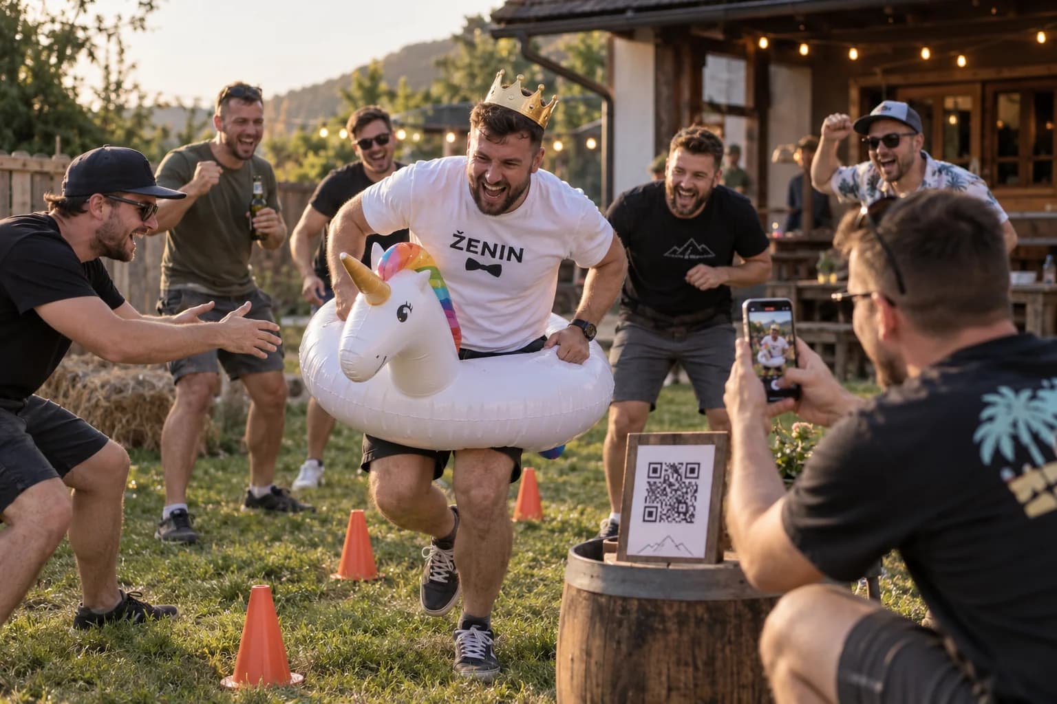 Zabaven izziv na fantovščini, kjer prijatelj fotografira ženina, ob dogajanju pa je QR koda za nalaganje fotografij.