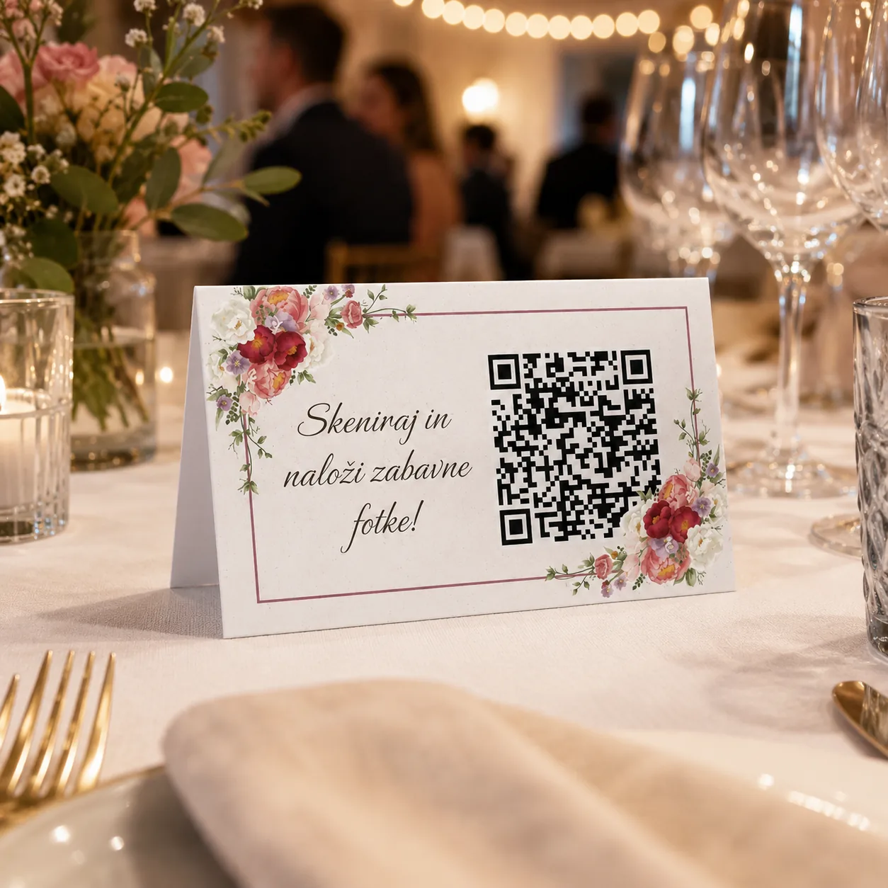 Kartica z QR kodo na mizi, ki jo gostje skenirajo za nalaganje fotografij z dogodka.
