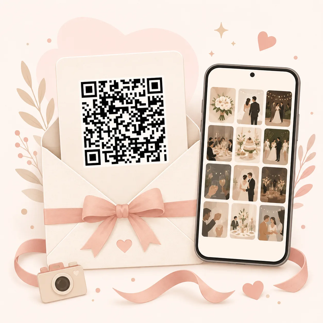 Ideja za darilo za poroko, ki je prava atrakcija. QR Galerija za zbiranje fotografij gostov na poroki.