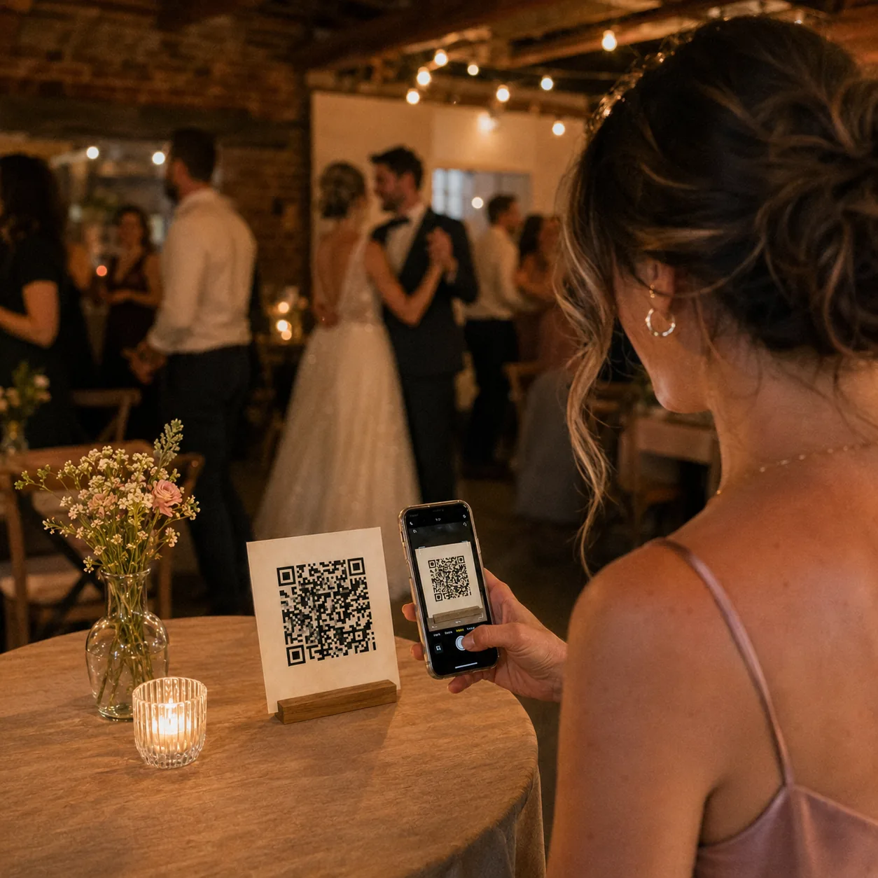 Gostja na poroki skenira QR kodo za nalaganje fotografij v skupno poročno galerijo.