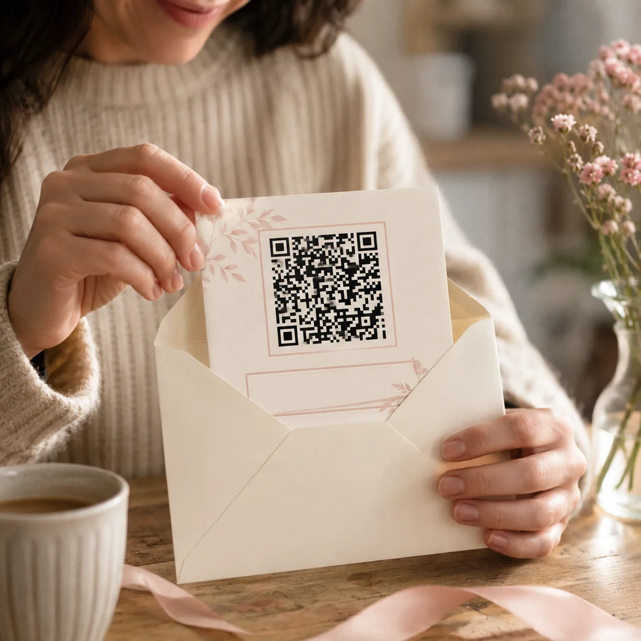 Darilna kartica z QR kodo za nalaganje fotografij v skupno galerijo dogodka.