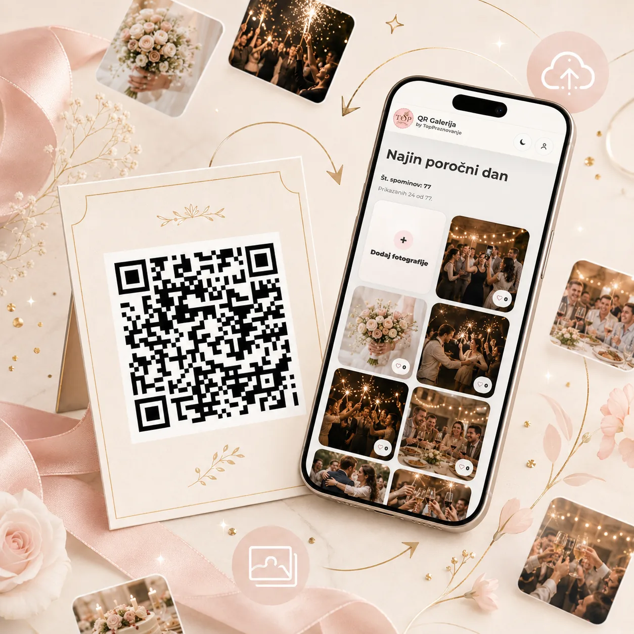 Telefon z odprto QR Galerijo in kartica s QR kodo za nalaganje fotografij s poroke