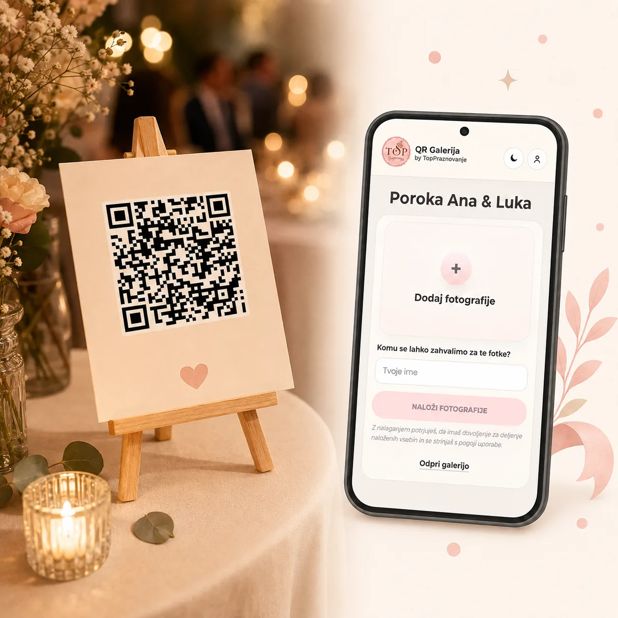 Telefon in kartica s QR kodo za poroko, namenjena zbiranju fotografij gostov v spletni galeriji.